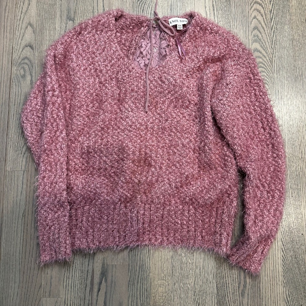 Knox Rose XXL Pink Fuzzy Knit V-Neck Sweater Lace-Up Back‎ Detail